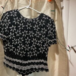 Papell Boutique Black and White Floral Embroidered Blouse